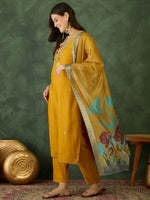 Thumbnail for The52 Mustard Women's Beautiful Rayon Fabric Embroidered Work Straight Kurta, Pant and Dupatta Set - Distacart
