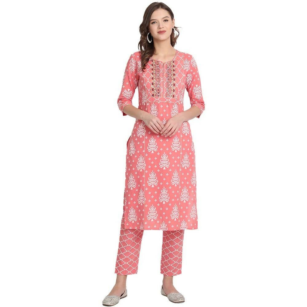 Anubhutee Women's Cotton Regular Ethnic Motifs Printed Pink Kurta With Trousers - Distacart
