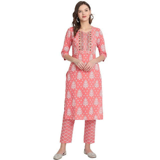 Anubhutee Women's Cotton Regular Ethnic Motifs Printed Pink Kurta With Trousers - Distacart