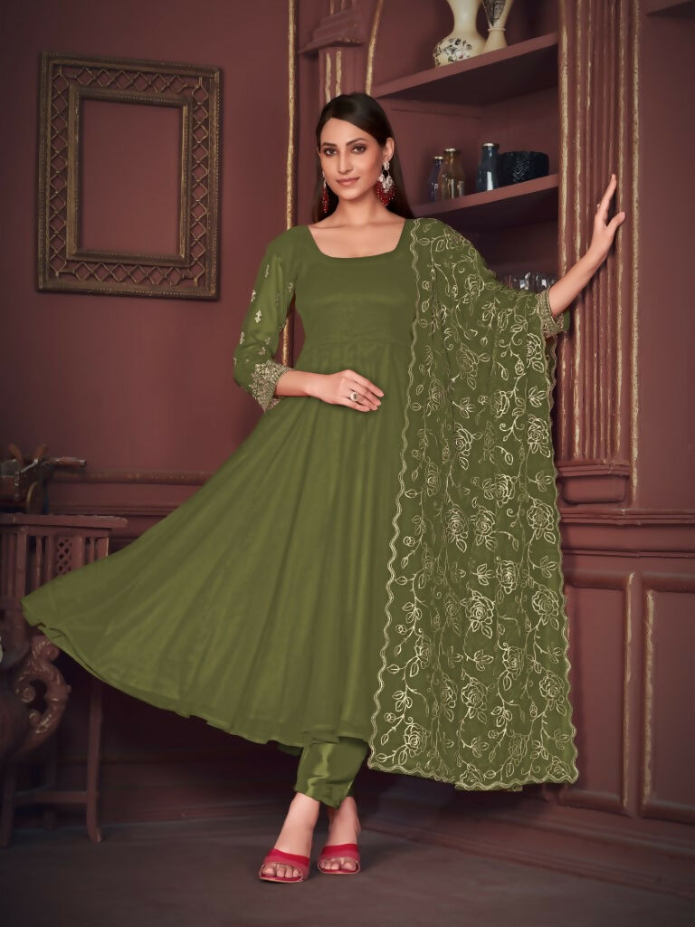 Jyoti Fashion Women's Olive Green Georgette Embroidered Anarkali Kurta Pant Set With Dupatta - Distacart