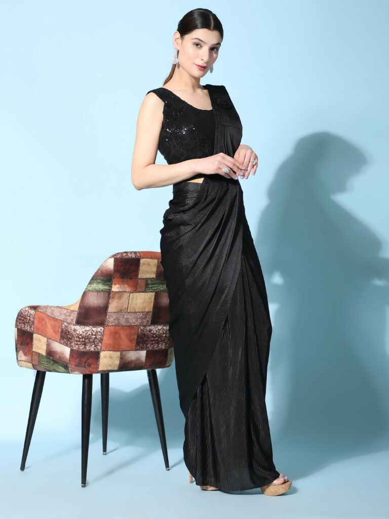 Black Imported Crush Lycra Texture Pattern Ready to Wear Saree with stitched Blouse - Nirvana - Distacart