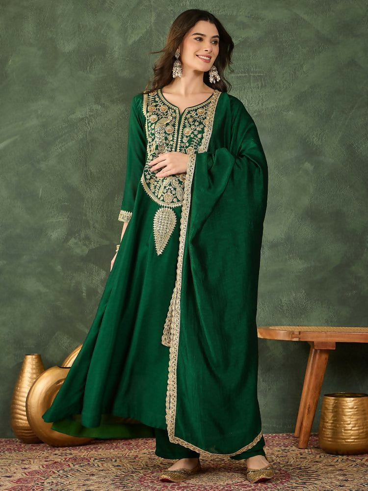 The52 Women's Beautiful Embroidery Work Vichitra Silk Fabric Flared Kurta Pant and Dupatta Set - Dista