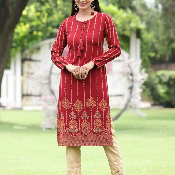 Juniper Maroon Ethnic Motif Printed Acrylic Straight Kurta. - Distacart