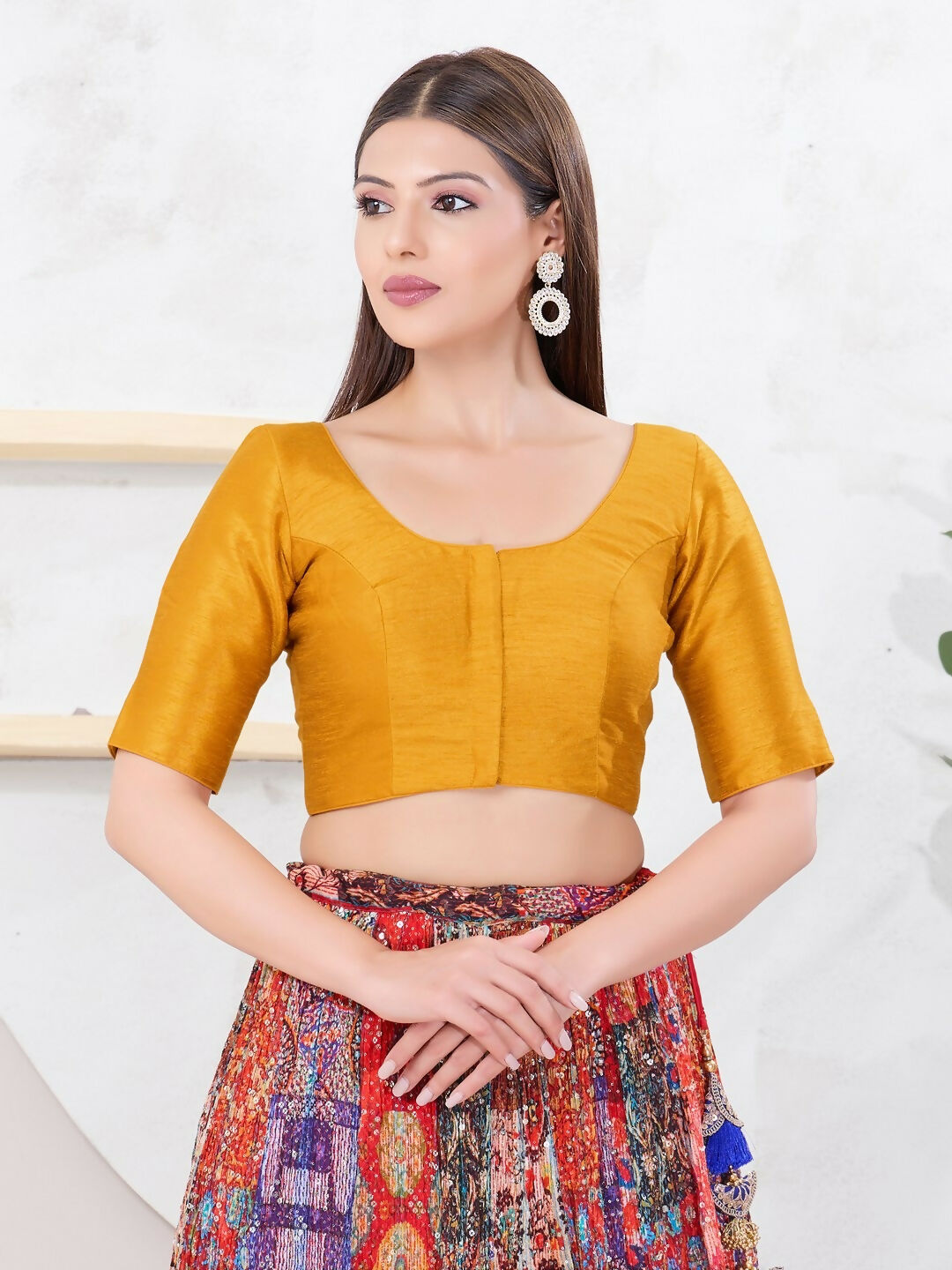 Joban Fashion Mustard Dupion Silk Elbow Sleeveless Front Open Blouse