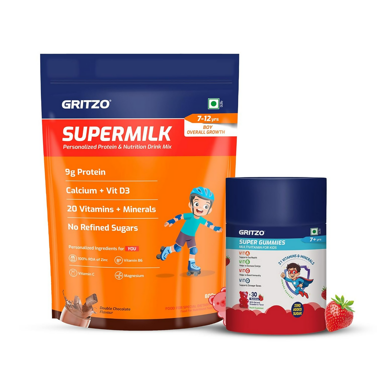 Gritzo SuperMilk Overall Growth (7-12y Boys) - Double Chocolate, with Super Gummies - Strawberry - Distacart