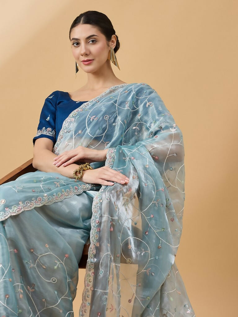 Blue Organza Sequence Embroidered Saree with Unstitched Blouse - Satya - Distacart