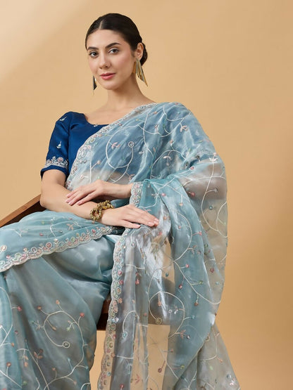 Blue Organza Sequence Embroidered Saree with Unstitched Blouse - Satya - Distacart