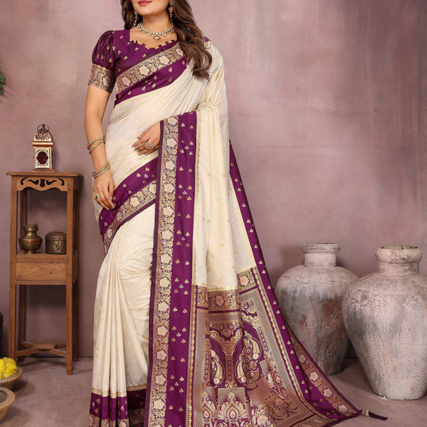 Aastha Fashion Cream Kalamkari Silk Zari Woven Saree - Distacart