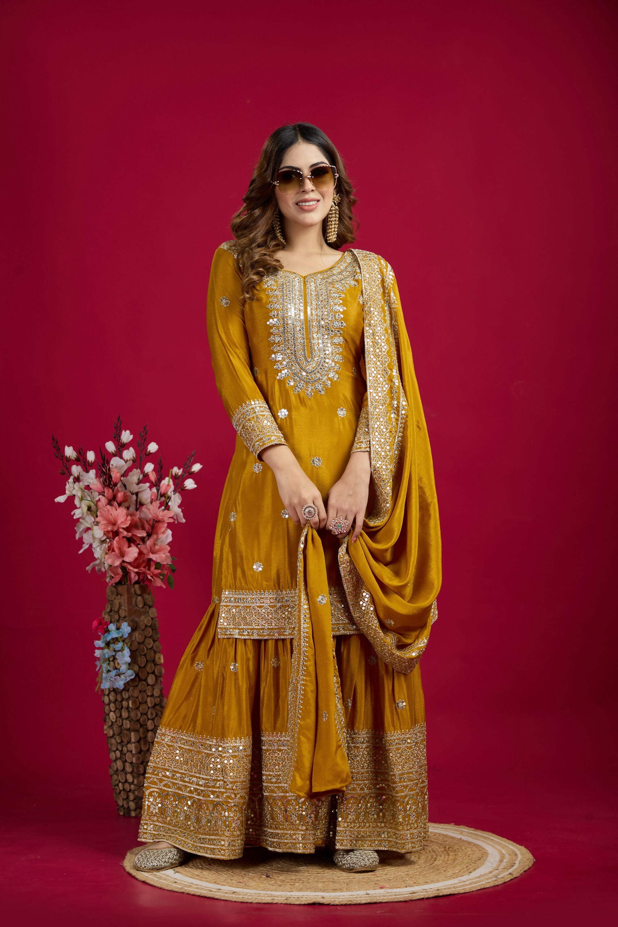 Joban Fashion Yellow Kurta Set Silk Sequins , Zari, Coding & Thread Embroidered work - Distacart