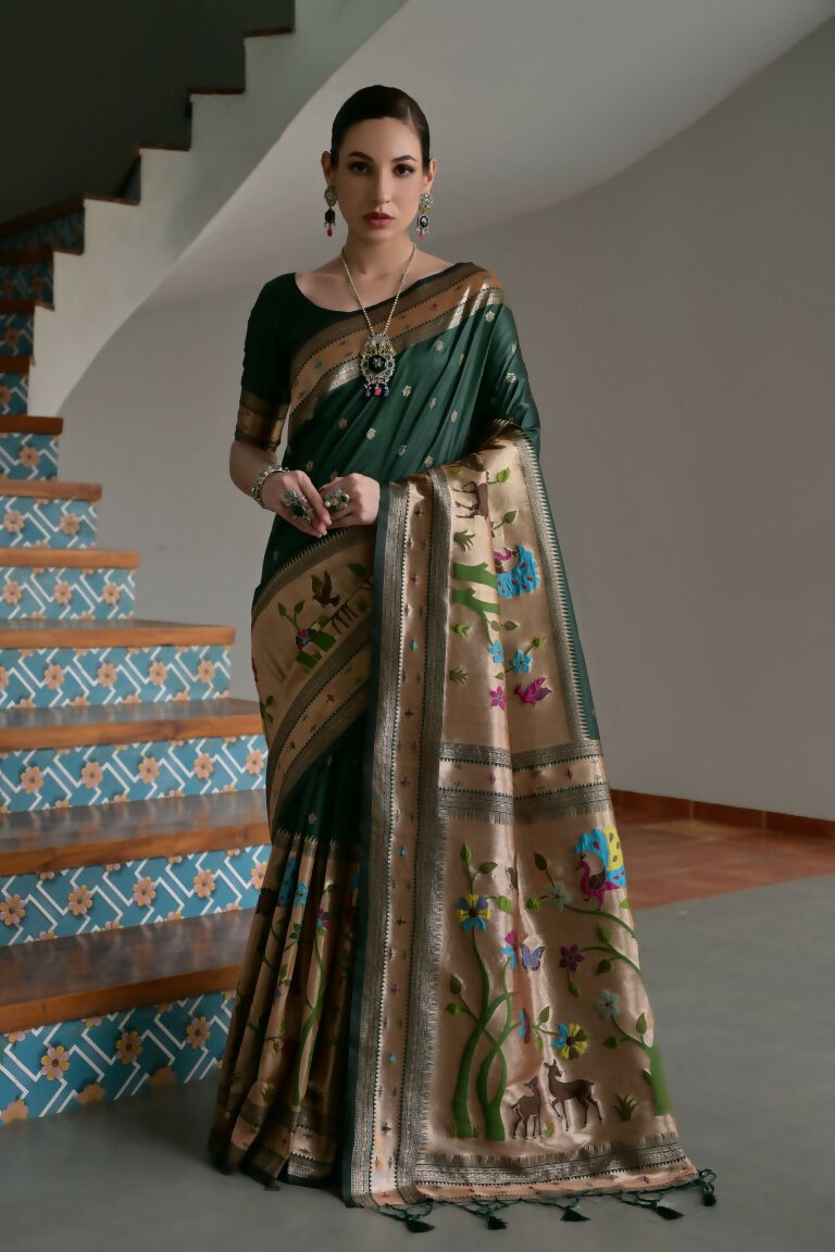 Vishnu Weaves Women's Bt-Green Paithani Silk Zari Woven Saree with Blouse