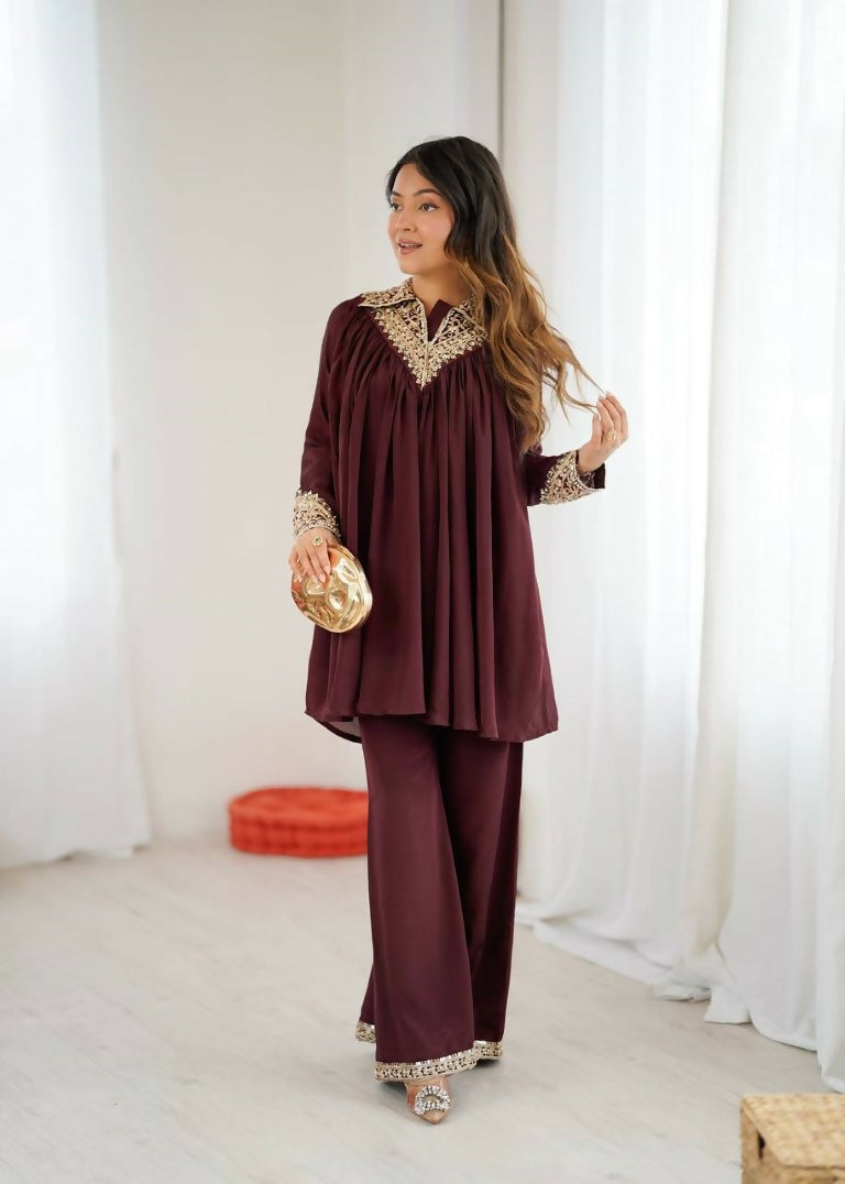 Teeya Creation Maroon Heavy Chinnon Silk Embroidery Work Plazo pair