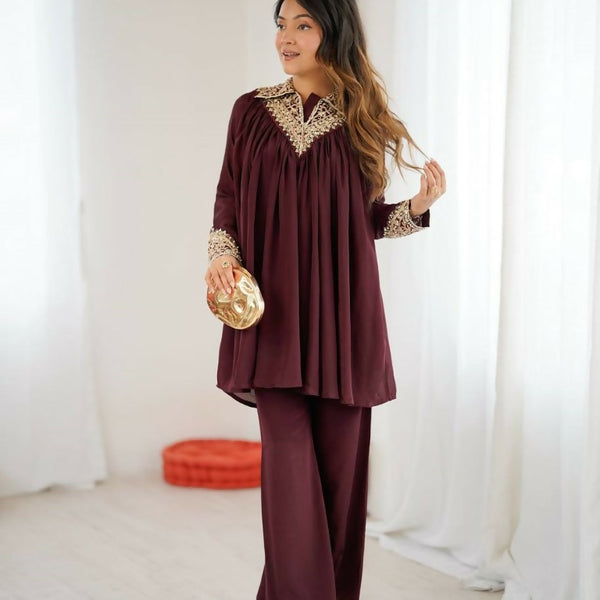 Teeya Creation Maroon Heavy Chinnon Silk Embroidery Work Plazo pair