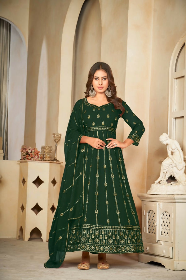 Jyoti Fashion Women's Bottle Green Georgette Embroidered Anarkali Kurta Pant Set With Dupatta - Distacart