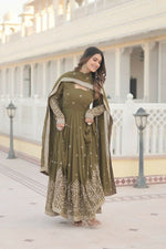 Thumbnail for Aastha Fashion Women's Mehendi Faux Georgette Sequins Embroidered Anarkali Dress with Dupatta - Distacart