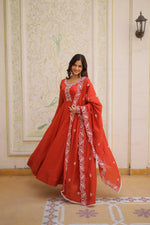 Thumbnail for Teeya Creation Womens New Fancy Mul Chanderi With Embroidered Work Gown Set - Dista