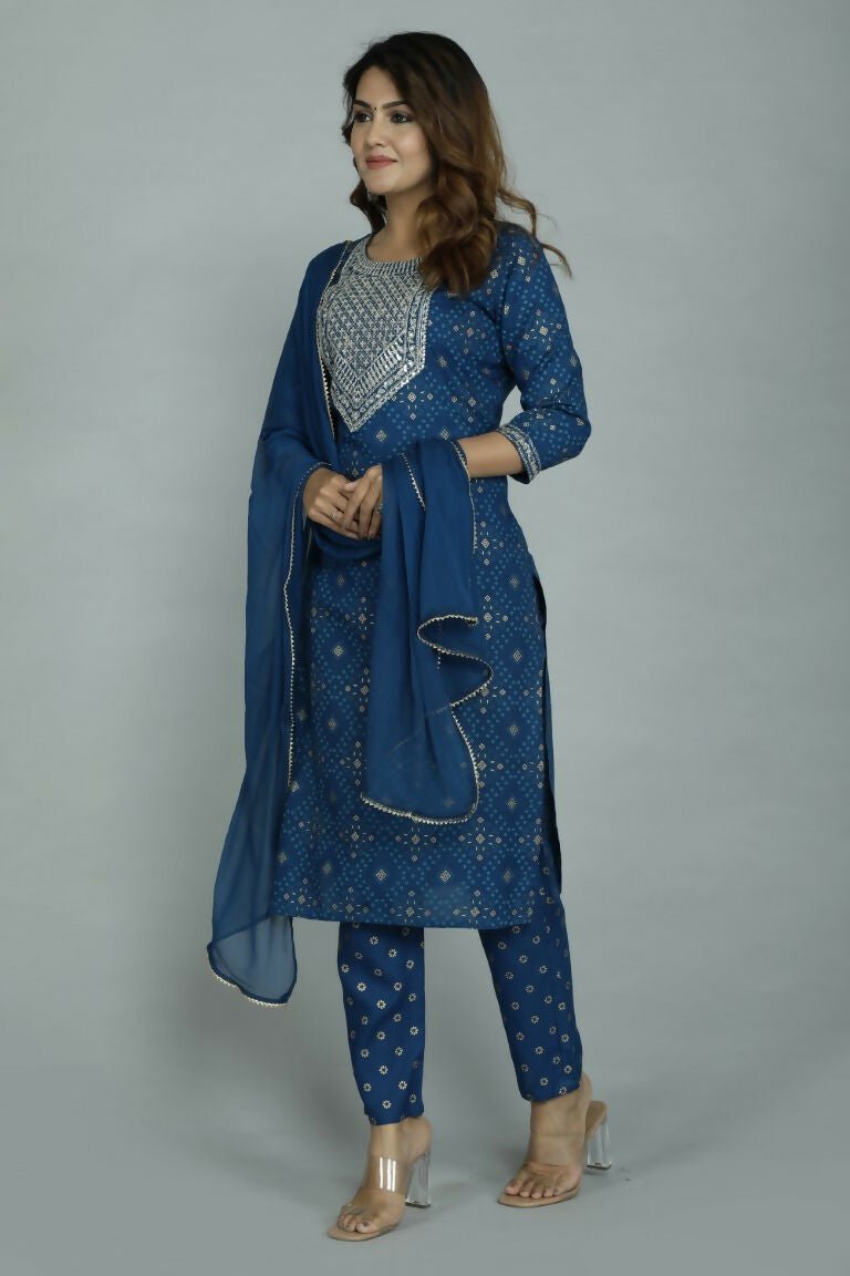 Alvano Printed Sequence Kurti with Pant and Dupatta set Rayon (Blue) - Distacart