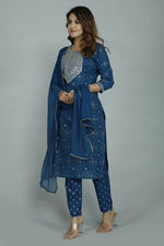 Thumbnail for Alvano Printed Sequence Kurti with Pant and Dupatta set Rayon (Blue) - Distacart