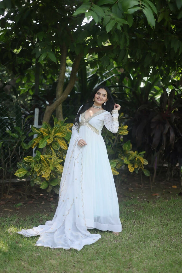 Jyoti Fashion Women's White Faux Blooming Sequins Zari Embroidered Anarkali Dress with Dupatta - Distacart