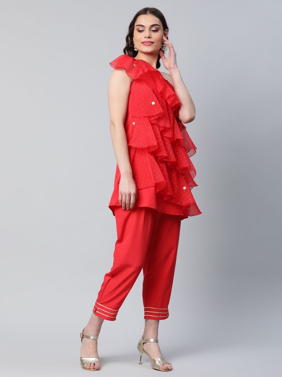 Ahalyaa Red Printed Layered Top with Trousers - Distacart
