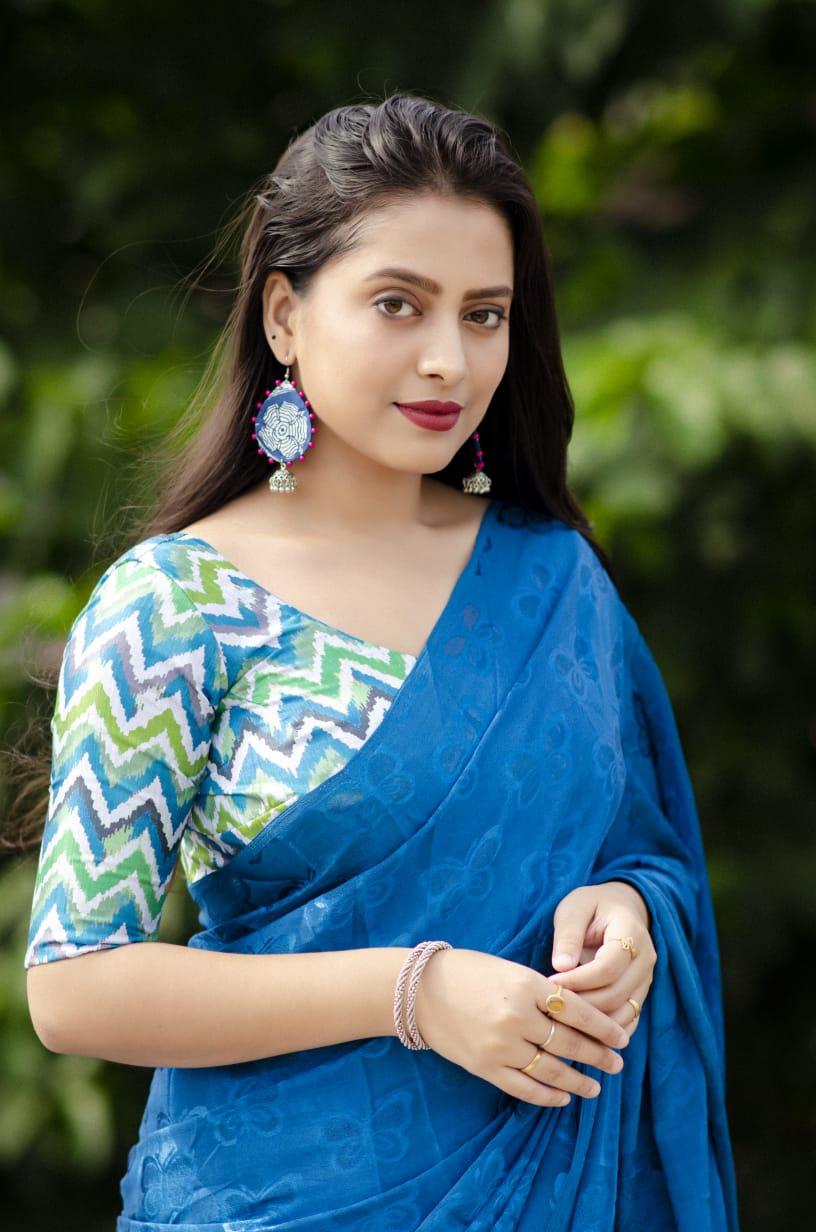Blue Silk Blend Ethnic Motifs Saree with Unstitched Blouse - A2M