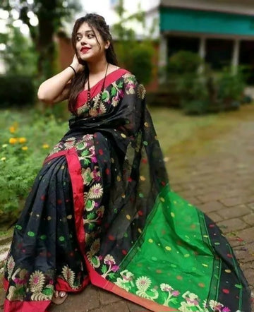 Exclusive Collection Black Beautiful Handloom Silk Cotton Saree - Dista