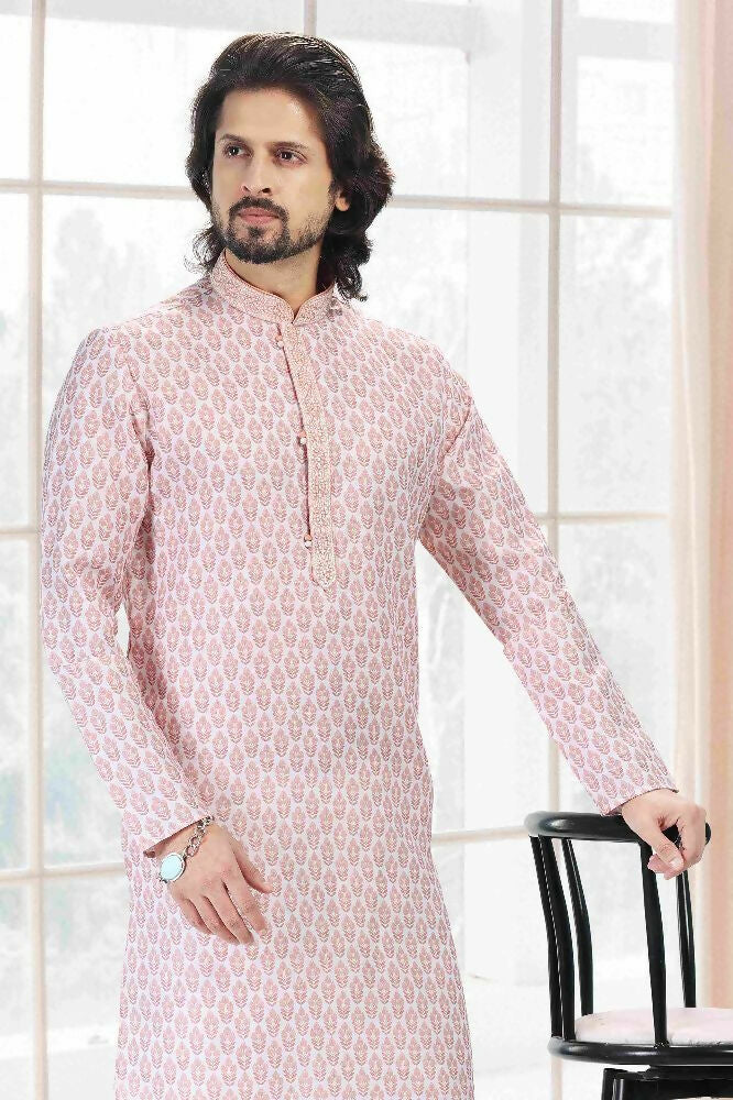 Raivat Ethnic Cotton Thread Work Kurta Pajama In Baby Pink Colour - Dista