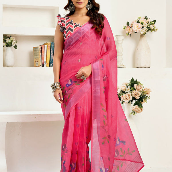 Vastranavya Pink Digital Printed Linen Ready To Wear Designer Saree with Unstitched Blouse - Distacart