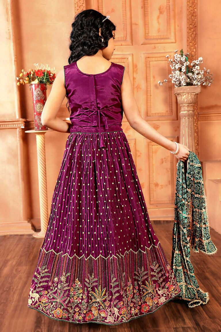 Kids Functional Designer Wine Chinon Fab Lehenga choli - Aaradhna