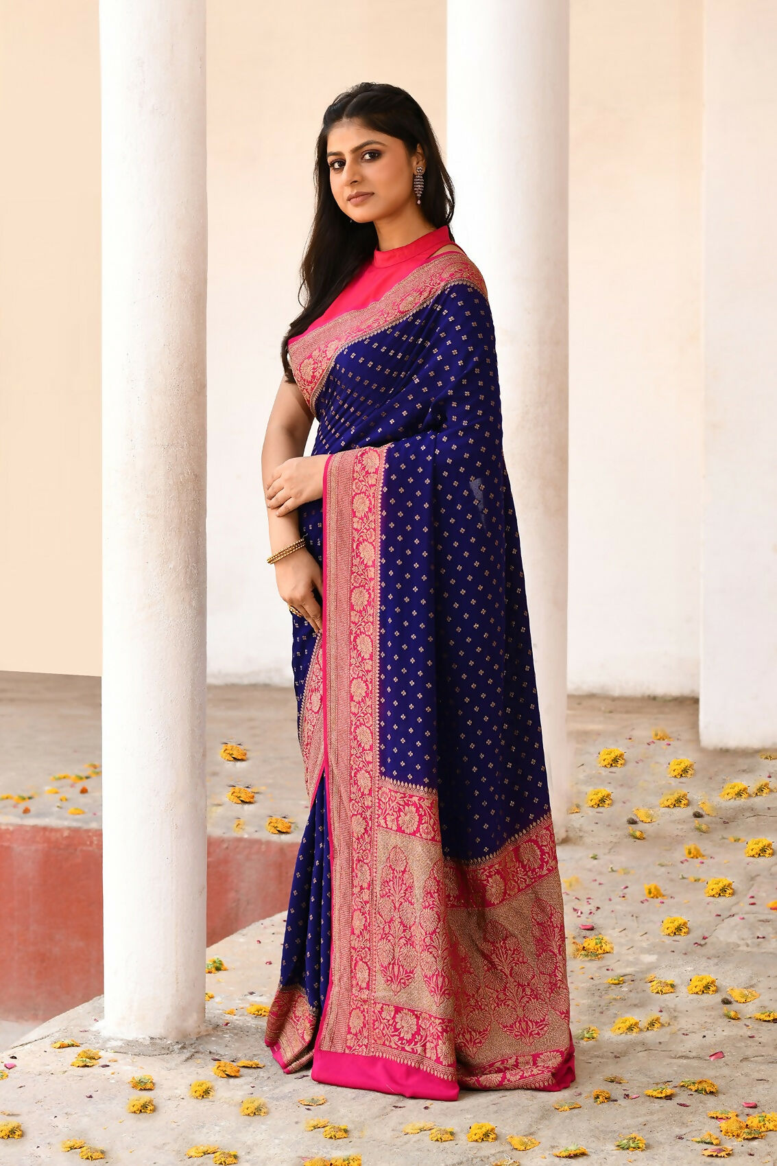 Joban Fashion Navy Blue Crepe Chiffon Pure Handloom Banarasi Silk Saree