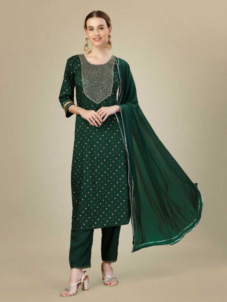 Jyoti Fashion Women's Dark Green Silk Blend Embroidery & Sequence work Kurta with Trouser & Dupatta - Distacart
