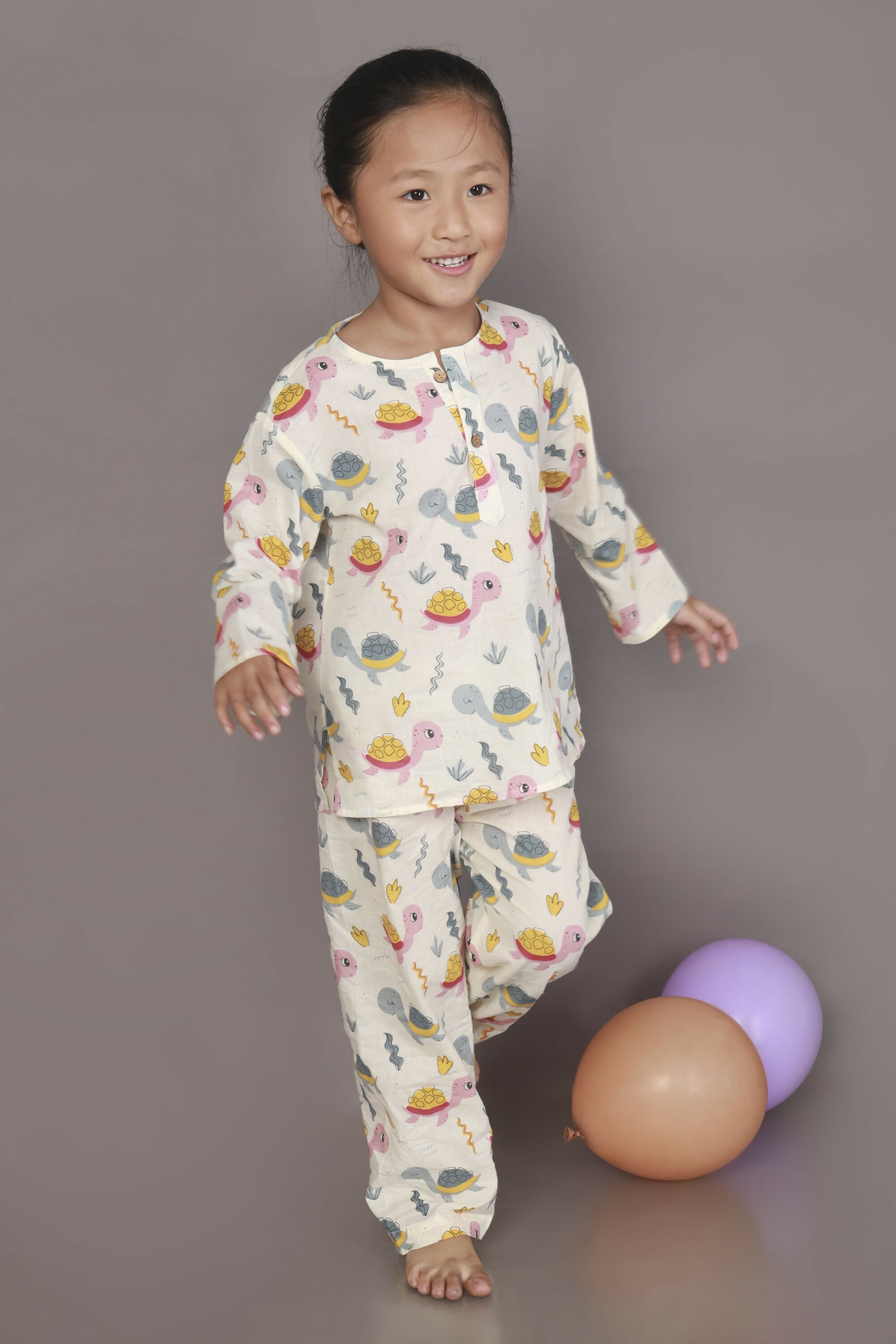 Breathables Kids Cotton Turtle Print Co-Ord Night Suit – White & Multi-Color - Dista