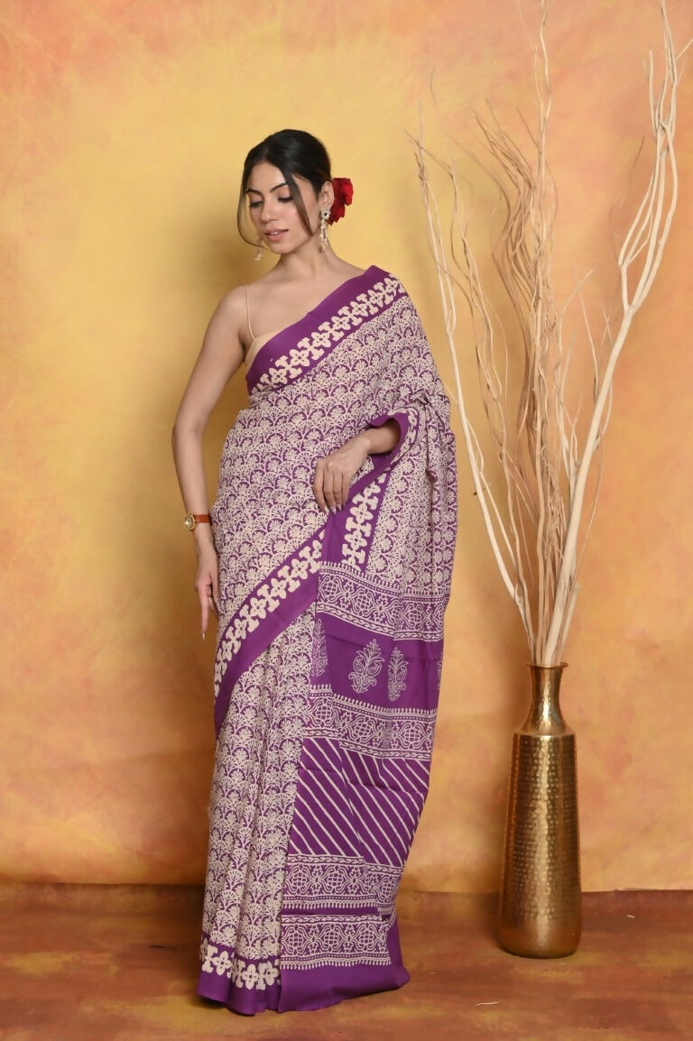 Very Much Indian Handblock Printed Cotton Saree With Natural Dyes - White - Distacart
