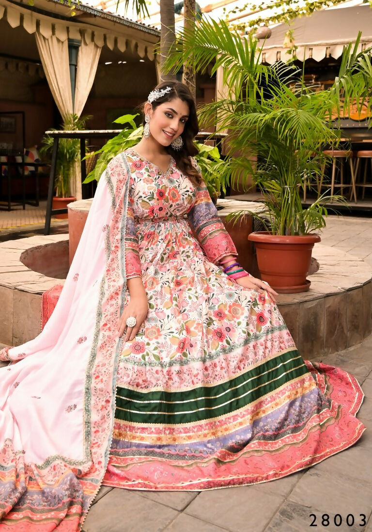 Wedding Designer Multi Soft Dola Silk Anarkali suit with Dupatta - Sanj - Distacart