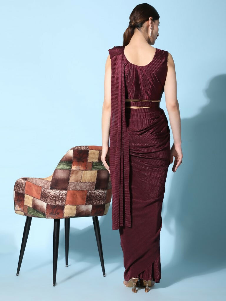 Maroon Imported Crush Lycra Texture Pattern Ready to Wear Saree with stitched Blouse - Nirvana - Distacart