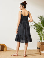 Thumbnail for Janasya Navy Blue A-Line Cotton Dress - Dista
