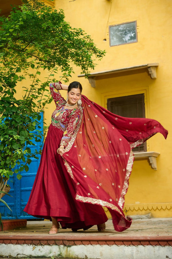Preksha Creation Premium Vichitra Fabrics With Multi Thread & Zari Embroidered Work Anarkali Gown With Dupatta
