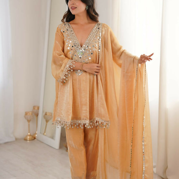 Teeya Creation Womens New Trending Fendy Fabric With Real Mirror With Coding Embroidered Lace Work Kurta Set - Dista