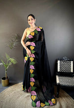 Thumbnail for Prime Volt Multicolor Leaf Embroidery Rangoli Silk Saree with Scalloped Border-Black - Dista