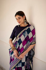 Thumbnail for Vastranavya Navy Blue Viscose Chanderi Printed with Temple Border Saree & Unstitched Blouse - Distacart