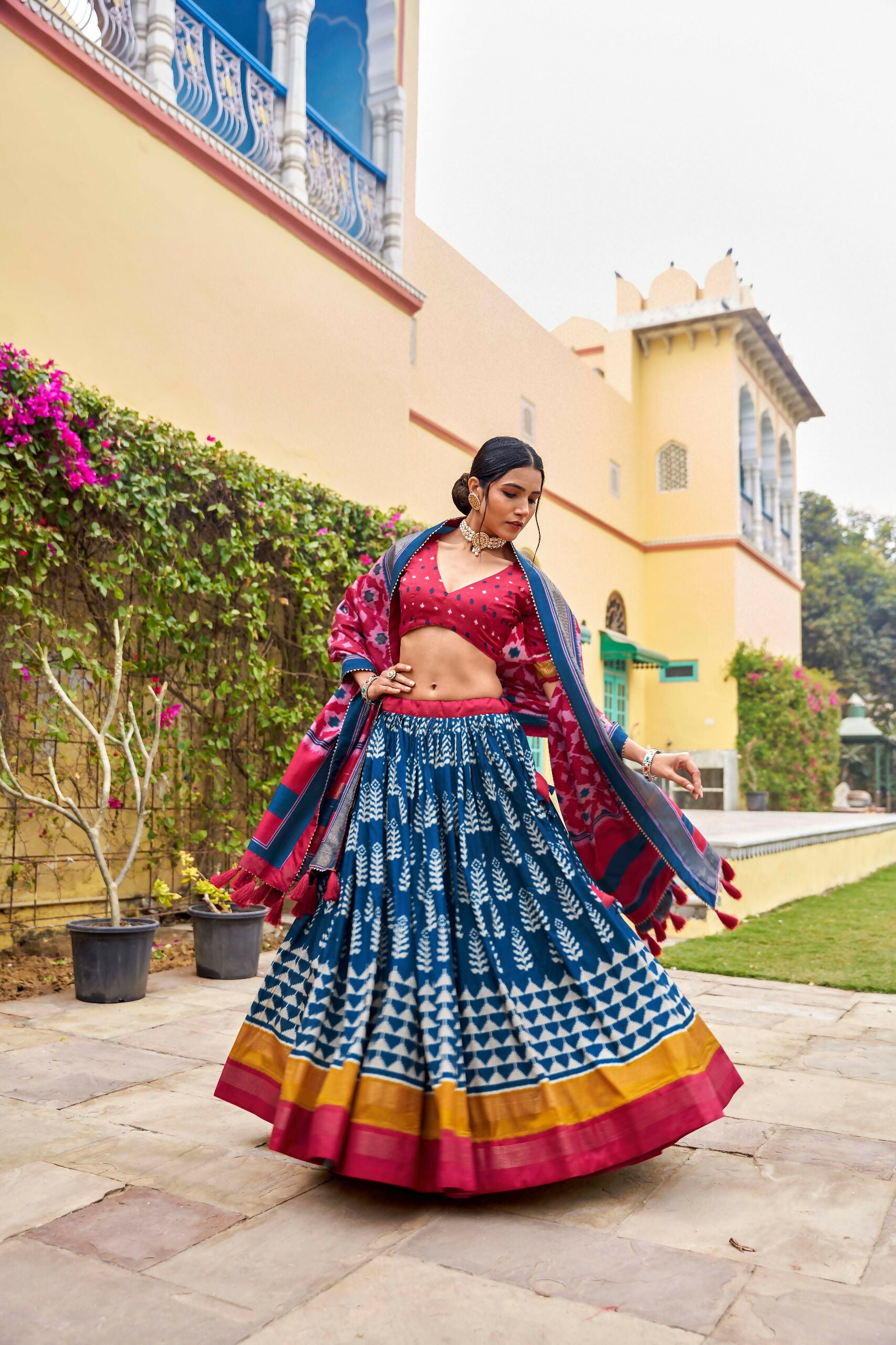 Vastranavya Printed and Foil Work Tussar Silk Lehenga with Unstitched Blouse - Blue - Distacart