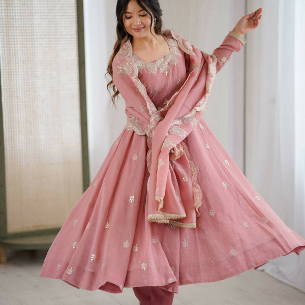 Teeya Creation Peach Color Crunchy Silk Embroidery Work Wedding Wear Gown - Distacart