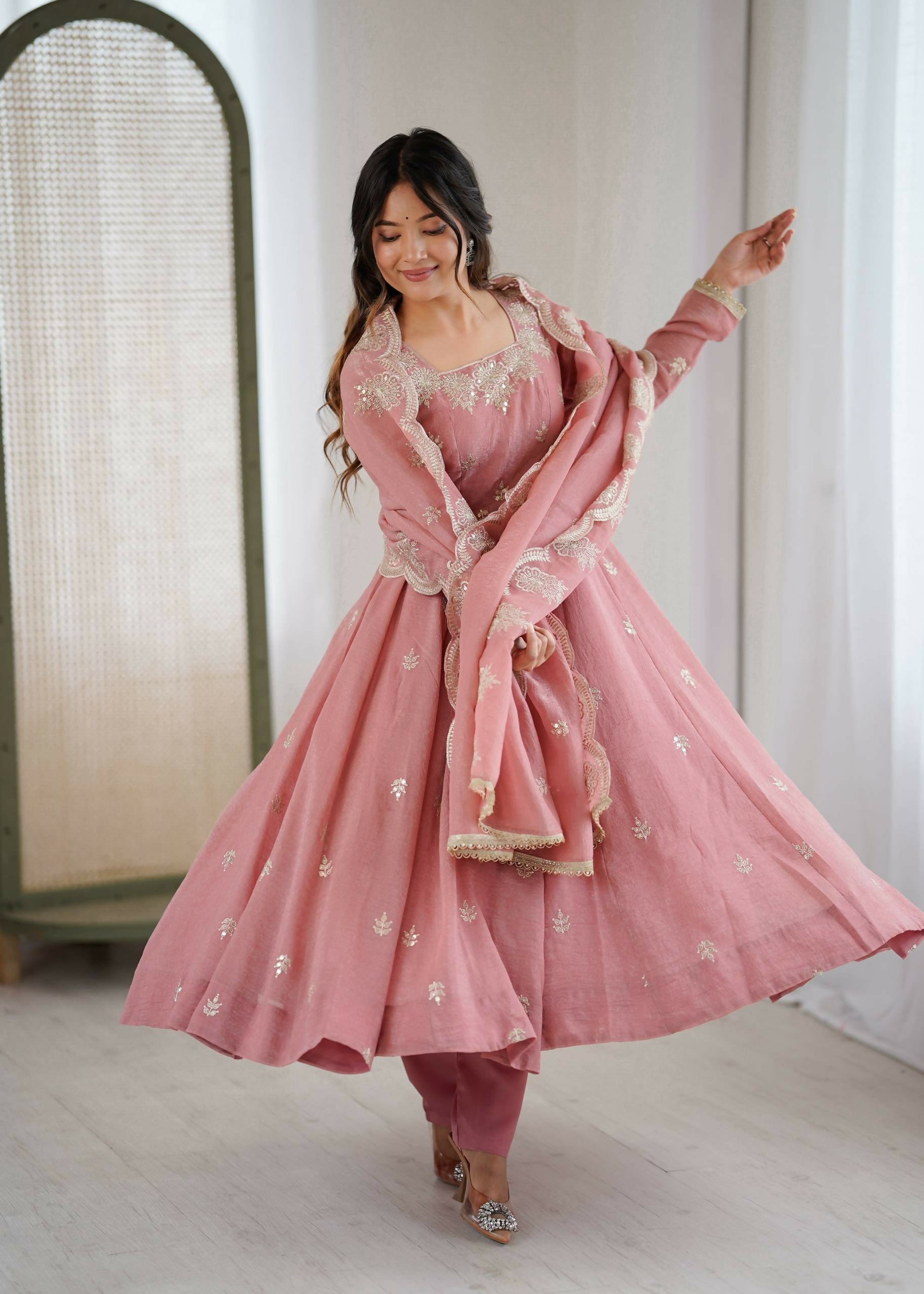 Teeya Creation Peach Color Crunchy Silk Embroidery Work Wedding Wear Gown - Distacart