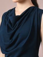 Thumbnail for Myshka Women's Navy Blue Solid Cowl Neck Bodycon Party Dress - Distacart