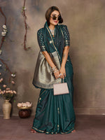 Thumbnail for Joban Fashion Dark Green Floral & Botanical Motifs Satin Silk Banarasi Silk Saree - Distacart