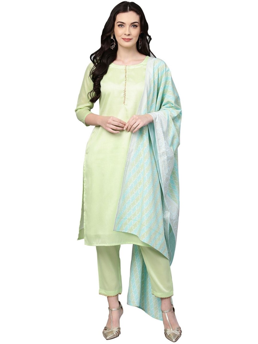 Ahalyaa Women's Sea Green Cotton Blend Solid Kurta Trouser Set With Dupatta - Distacart