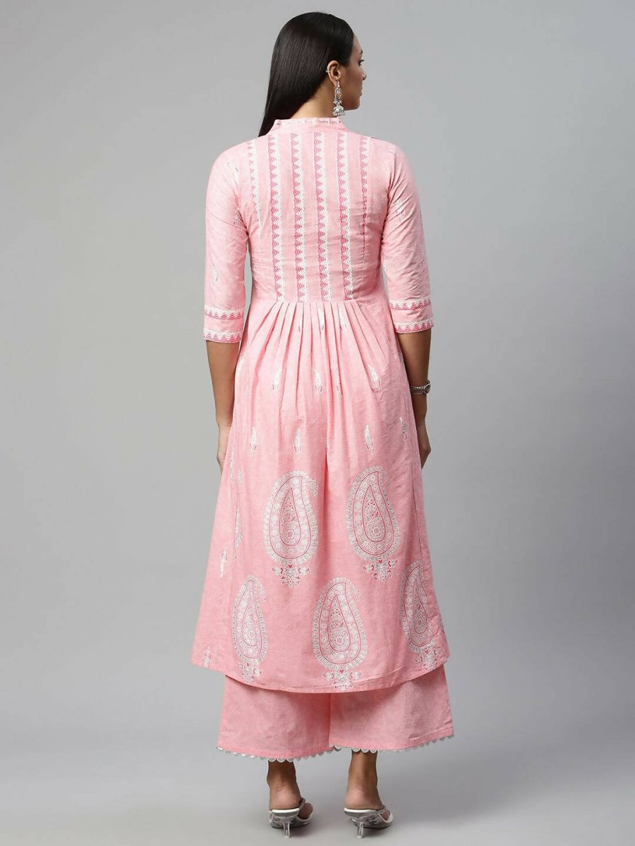 Ahalyaa Womens Pink Pure Cotton Printed Kurta Palazzo Set - Distacart
