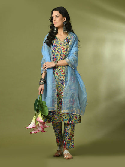 Myshka Women's Multi Printed Cotton Straight Party Kurta Set With Dupatta - Distacart
