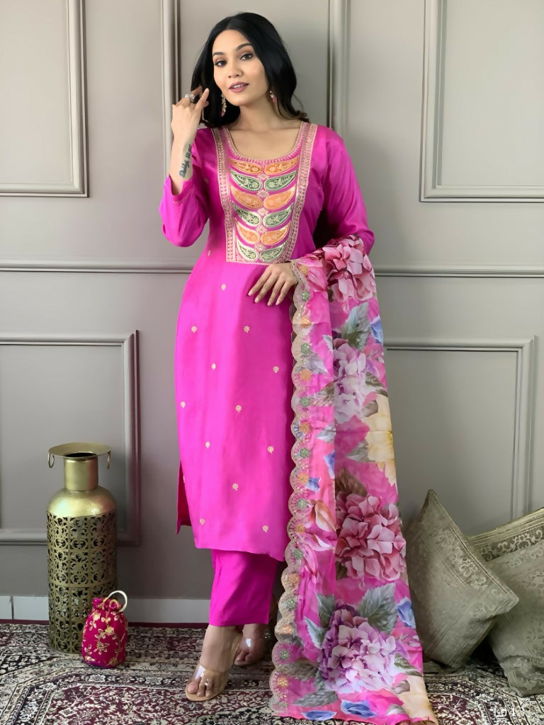 Partywear Designer Viscose Chanderi Pink Stitched Suit With Dupatta - Tanisha - Distacart