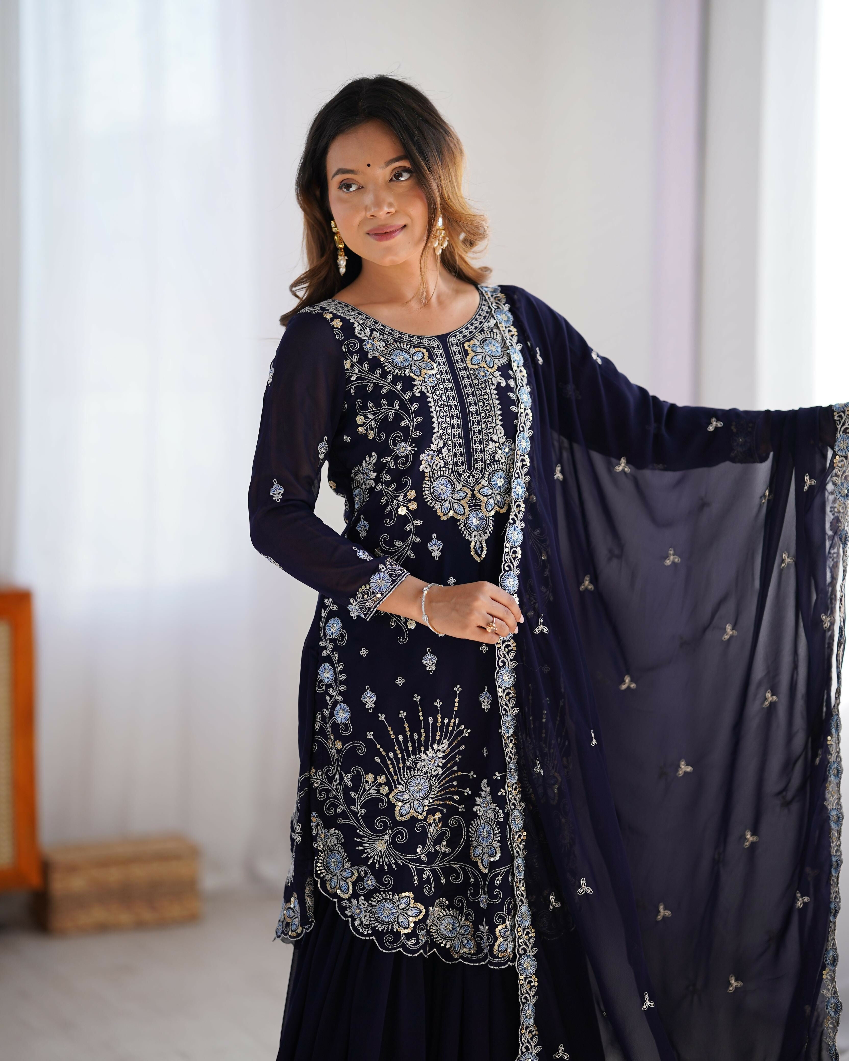 Joban Fashion Blue Sharara Georgette Thread with Sequins work