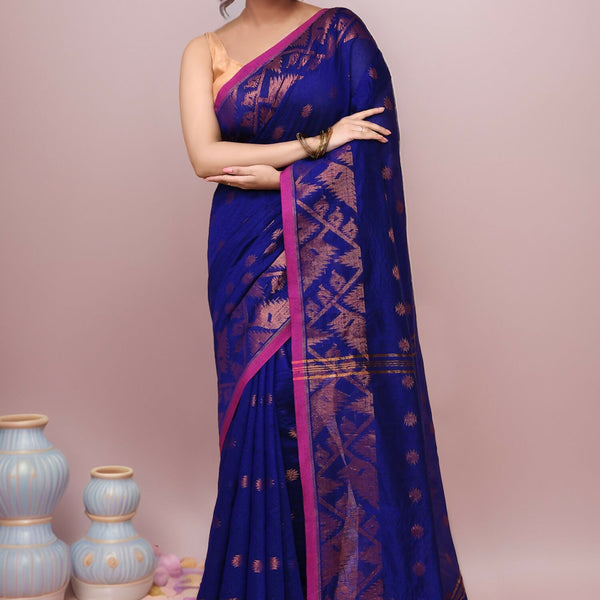 Joban Fashion Blue Cotton Blend Handloom Saree
